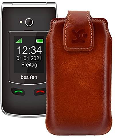Suncase Original Tasche kompatibel mit Beafon SL645 Plus Hülle Leder Etui Handytasche Ledertasche Schutzhülle Case in Burned Cognac