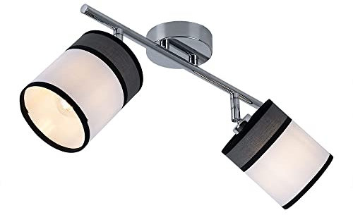 WOFI Deckenstrahler DAVIE Silber Chrom mit zwei runden Lampenschirmen aus Stoff Weiß/Grau, Spots schwenkbar E14 Fassung, H: 21,5 cm x B: 10 cm x L: 51 cm