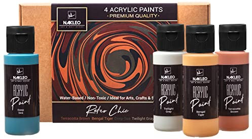 NAKLEO Acrylfarben Set, 4 Farben (60 ml) Retro Chic Braun Marinegrau Gelb, Ungiftig Wasserfest Matt, Künstlerbedarf für Kunst Handwerk DIY, Schablonen Wänd Glas Holz Keramik Stoffe Leder Papier