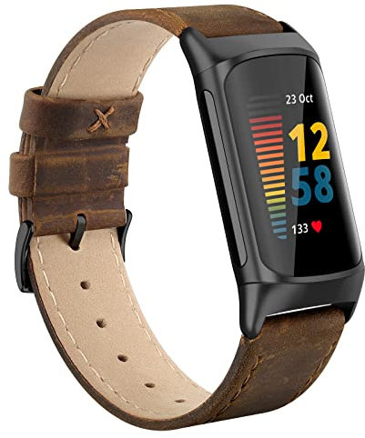 Tuocal Echtleder Armband Kompatibel Mit Fitbit Charge 6 Und 5 Für Damen Herren - Weiches Atmungsaktives Ersatzband Sport Leder