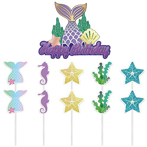 11Pc Mermaid Happy Birthday Cake Toppers,Mermaid Cake Toppers for Girls,Girls MermaidBirthday Cake.Decorations,MermaidCupcake Toppers.for Girl,Kids,Women Baby Shower Birthday.Mermaid Party Supplies