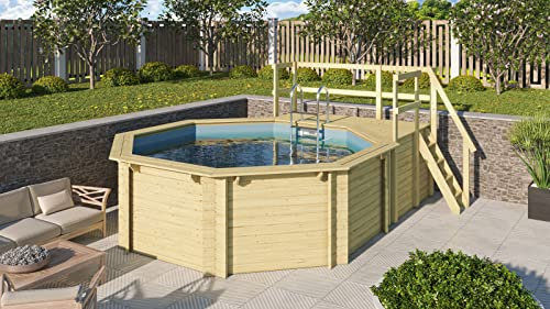 CHILLROI® Achteck Massiv Holzpool 358 x 358 x 124 cm Modell 1B | Set inkl. Sonnenterrasse 94,5 x 166 cm, Zubehör und Pool Leitern