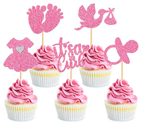 Blumomon 30Pcs It's a Girl Cupcake Toppers Pacifier Glitter Onesie Jumpsuit Cupcake Picks Swan Pacifier Cake Decorations for Baby Shower Girl Birthday Theme Party Supplies Pink