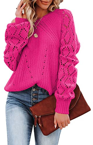 Dokotoo Damen Strickpullover Elegant Rundhals Pullover Langarm Grobstrick Pulli Herbst Winter Oberteile Tops Rose Damenpullover Winterpullover, XL