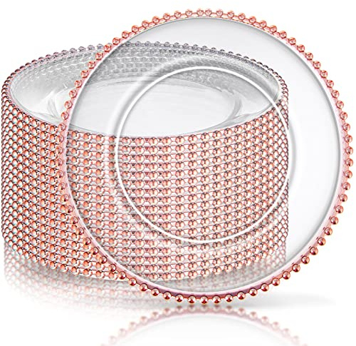 18 PCS Clear Charger Plates with Beaded Rim 13 Inch Plastic Round Charger Plates Bulk Acrylic Round Dinner Plate Chargers Decorative Plates for Home Kitchen Party Wedding Tabletop Decor(Rose Gold)