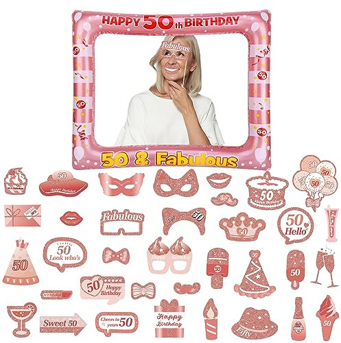 YAAVAAW Rose Gold 50th Brithday Party Decorations for Ladies Men, Giant Inflatable Selfie Frame Birthday Photo Booth with 32pcs Props Women Her Gifts