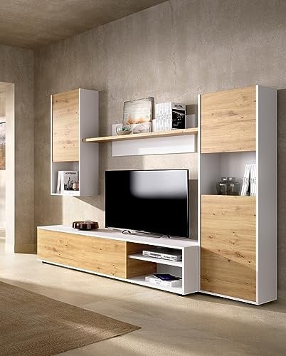 Dmora Parete attrezzata Foraker, Set da Soggiorno Porta TV, Mobile Salotto Multiuso, 220x41h180 cm, Rovere Nodi e Bianco