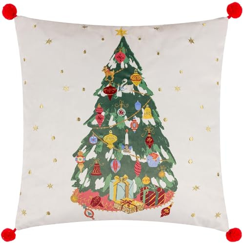 furn. Deck The Halls Polyester Filled Cushion (Multicolour - 43x43cm) | Christmas Tree Vintage Ornaments Gold Embroidered Pom Pom Trim Festive Pillow