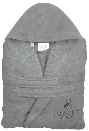 Basile Milano, ACCAPPATOIO CON CAPPUCCIO E TASCHINO RICAMATO IN SPUGNA DI PURO COTONE, TAGLIA L/XL, GRIGIO