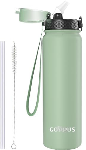 GOPPUS 1L/32oz Stainless Water Bottle with Straw Double Wall Insulated Bottles with Strap Reusable Vacuum Thermal Flask Leakproof Keep Cold Drinks Bottles with Flip Top Lid for Gym Men Women BPA Free