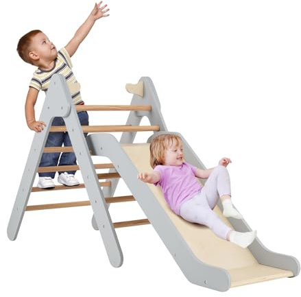 GOPLUS 2 in 1 Kletterspielzeug mit Verstellbarer Rutsche, Dreieckige Kletterleiter aus Holz, Sicherheitshandläufen, Kletterwand im Innen- & Außenbereich, für Zuhause & Kindergarten (Grau)