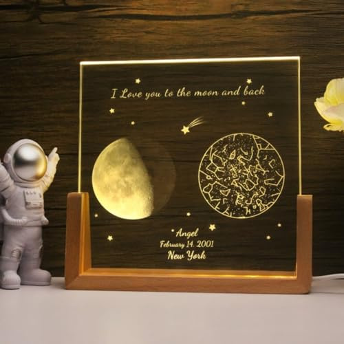 XEL Lampada di cristallo con fasi lunari e mappa stellare personalizzata, luce notturna per anniversario, baby shower e notte speciale