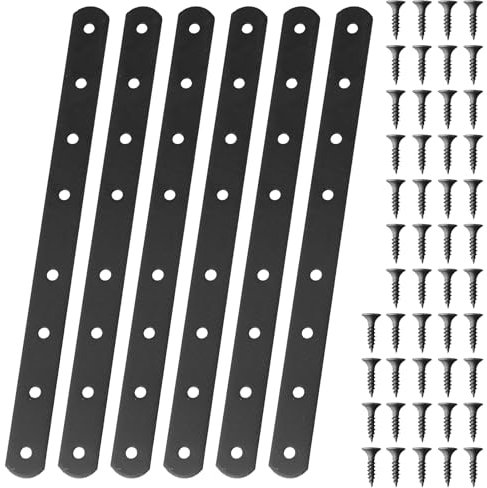 6 Pieces Flat Metal Brackets Flat Straight Corner Brace 247 x 20 mm Flat Straight Brackets Black Metal Joint Plate Connector with 48 Pieces Screws for Wood Mending Joining Plates
