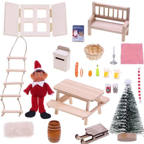 nabeta deco Minigarten Komplettset Wichtelhaus Weihnachten Puppenhaus Geist Kleine Holzleiter Fenster Esstisch Kleine Bank Weihnachtsbaum Miniatur Möbel Zubehör (Style 3)