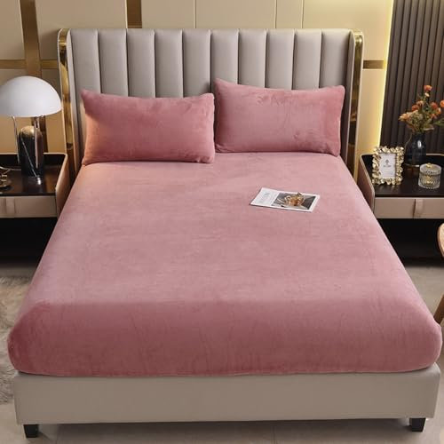 Extra Deep Bed Sheet,Autumn And Winter Warm Crystal Velvet Bedding Sheets, Deep Pocket Solid Color Queen Bed Cover Mattress Topper,Rose Red,180x200cm+25cm (3pcs)