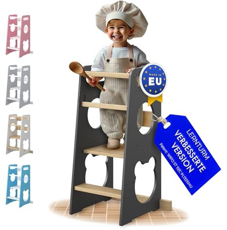 MEBLE WRÓBEL® Lernturm für Kinder - Stylisch Mit Kippschutz und Höhenverstellbar - Montessori Küchenhelfer und Learning Tower | Ab 1 Jahr | Little Helper