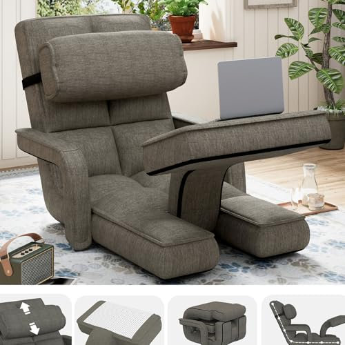UNIONLINE Floor Chair Adjustable, Folding Lazy Sofa Bed with Armrests, Gaming Lounge Recliner with Pillow & Footrest, Single Chair Bed for Bedroom Home Office,Charcoal Grey