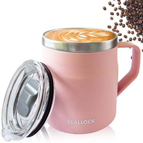 Luoqun88 Coffee Cup, Insulated Stainless Steel Travel Cup, Travel Mug with Lid & Handle, Chillys Mug- Keeps Cold/Hot for Hours, Reusable Coffee Cup Ideal Present for His Her (Pink, 450ml)