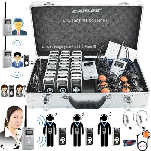 EXMAX ATG-100T Plus 195MHz Wireless Tour Guide Voice Audio Transmission System for Teaching Tour Guides Conference Travel Museum Hajj Church (2 Transmitter & 30 Receiver, 32-Slot Charging Case USB-C)