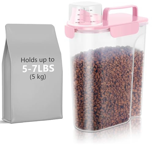 LEAWALK 5-7Lbs Dog Cat Storage Container Portable with Upgraded Large Spout and Cup,Plastic Pet Food Dispenser for Small Animal Kibble,Bird Seed,Oatmeal,Rice,flour,brown sugart- Light Pink