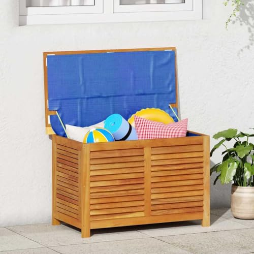 Myheimly Gartenbox mit Lüftungsschlitzen, Gartentruhe mit viel Stauraum, Auflagenbox mit wasserfester Innentasche, Beistelltisch Kissenbox, 90x50x56 cm Massivholz Akazie