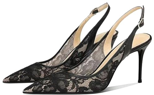 Gikleihwy Mesh Lace Kitten Heels for Women, Comfortable Pointed Toe Slip on Slingback Pumps for Wedding Office or Date Night Dress Up(Black,7.5 UK)
