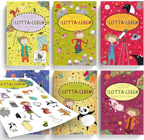 Mein Lotta-Leben 16 bis 21, Kinderbuch-Set ab 9 Jahren mit Abzieh Tattoos & Neu! Band 21 „Sei kein Trottel, Axolotl“ frisch erschienen & Lustige Abenteuer mit Eichhorn Otter Tapir Papagei & Panda