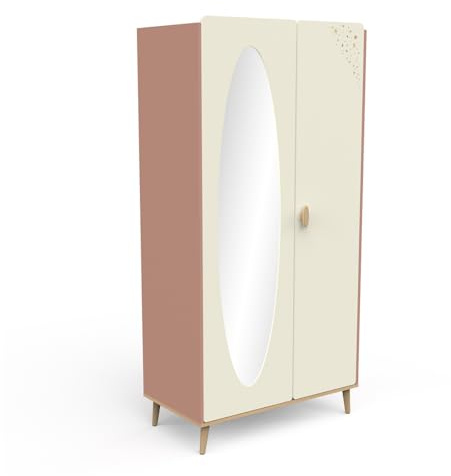 habeig Kinderzimmer Kleiderschrank mit Spiegel #312, 187x95x52 cm, Rosa/Weiß/Grau, Sternenmotiv, Verstellbare Böden (Creme/Braun)