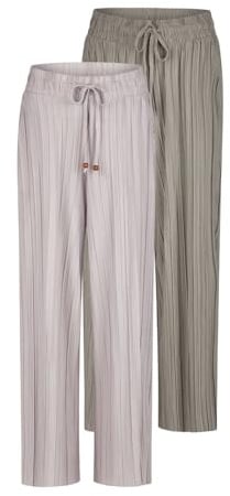 DENIMFY Palazzo Hose Damen Sommer 7/8 Culotte DFBrenda 2er Pack Set Hohe | Taille Weites Bein Sommerhose Stoffhose Knöchellang Elastische Taille Taschen Einfarbig Schwarz Grün Beige Blau S M L XL XXL