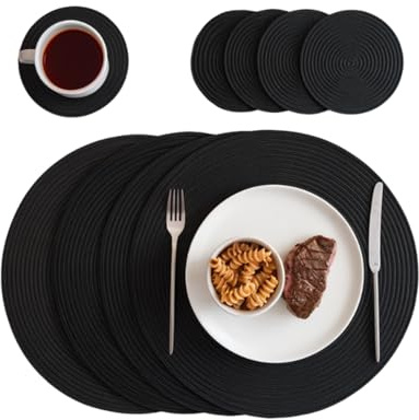 HomeHelpers Place Mats for Table, Placemats and Coasters Set of 4, Round Woven Placemats, Black Round Table Mats and Coasters, Washable Kitchen Tables Place, Kitchen Essentials for New Home