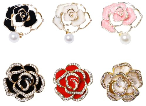 Sxutop 6 Pièces Élégante Broches de Camélia pour Femme, Broche de Strass de Mode Alliage Perles Broches Pin Vintage Badge Corsage Épingle Bijoux Accessoires pour Vêtements Robe Blazer Foulards