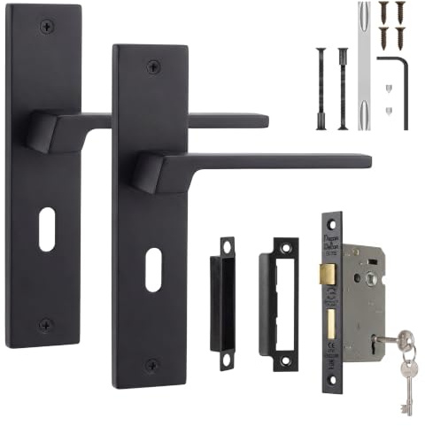 Decoranddecor Spectra Matt Black Door Handles Internal Sash Lock & Keys | Sash Lock & Keys Included, 64mm Fire Rated, Lockable, Ready to Fit, Interior Door Handles, 200x45mm Plate
