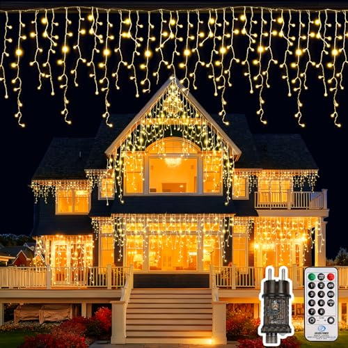 LuJasi Eisregen Lichterkette Außen, 15M 624LED Weihnachtsbeleuchtung Aussen mit Fernbedienung Timer 8 Modi IP44 Wasserdicht Lichtervorhang für Balkon Haus Traufe Vorbau Geländer Warmweiß