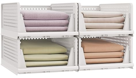 SONGMICS Schrank-Organizer 4er Set, klappbar, stapelbar, ausziehbarer Korb | Kleiderschrank-Organizer, Kunststoff, Aufbewahrung und Organisation, weiß, DENNYS Kollektion LPC400WZ01