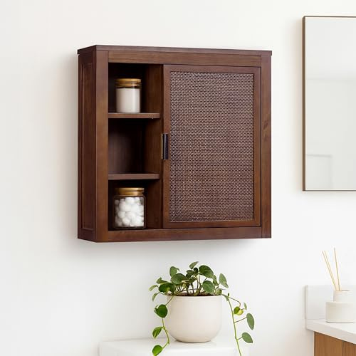 Teamson Home Hatteras 22 W Wall Cabinet with Open & Closed Storage Featuring Sturdy Shelves, Coastal Modern Style and Solid Wood Bracket for Secure Wall Installation, Walnut Finish