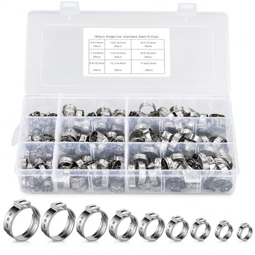 VOBOR 180 Piezas Abrazaderas Metálicas Ajustables para Mangueras de Presión, 9 Tamaños 5.8-21 mm, Abrazadera de Engranaje de Oreja para Mangueras, Gas, Agua, Coche, Jardín