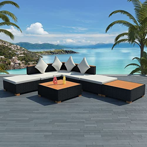 Holamys 7-TLG. Garten-Lounge-Set, Poly Rattan Schwarz, WPC-Tischplatte, Cremeweiße Auflagen, Modulares Design für Terrasse, Balkon, Outdoor-Möbel für 6 Personen
