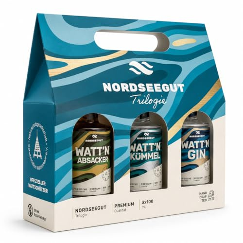 NORDSEEGUT WATT`N TRILOGIE 3x 0.1 l Spirituosen Geschenkset | Nordsee Premium Geschenkbox mit WATT`N GIN, WATT`N Kümmel und WATT`N Absacker, zum Probieren und Verschenken