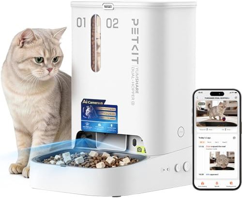 PETKIT YumShare Dual-Hopper 2 Futterautomat Katze 2 Näpfe Mit Kamera, Gesichtserkennung für Mehrere Katzen,5L Katzen Futterautomaten,Automatischer Futterspender für Hund,KI Funktion,2.4 & 5G Wi-Fi