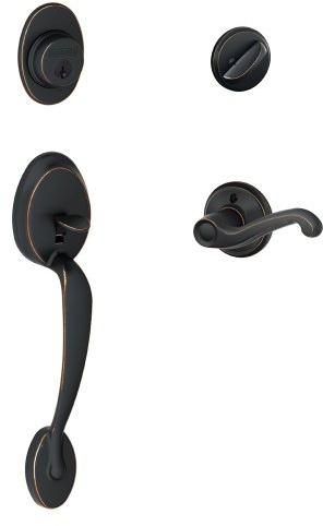 SCHLAGE Plymouth Single Cylinder Handleset and Right Hand Flair Lever, Aged Bronze (F60 PLY 716 FLA RH)