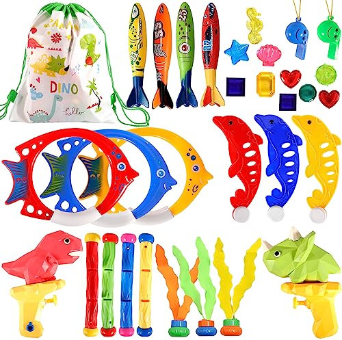 DONGQI 32 PCS Jouet de Plongée, Jouets de Natation pour Piscine de Plongée Anneaux de Plongée,Bâtons de Plongée,Poisson de Plongée,Sac de Rangement,Pistolet à Eau,Jouet sous Eau été Jeux pour Enfant