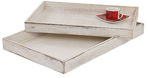 Juego de 2 Carcasa T285, bandeja para servir desayuno bandeja de madera decorativa bandeja (, Shabby Look ~ color blanco