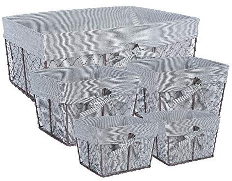 DII COMINHKPR132581 Vintage Hühnerdrahtkörbe zur Aufbewahrung herausnehmbarer Stoffeinsatz, sortiert, 5 Stück, Streifen, 5 Stück