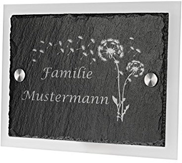 polar-effekt Personalisiertes Türschild mit Familien Name mit Gravur - Schiefertafel Geschenk zum Einzug, Geburtstag oder Weihnachten - Namensschild Schieferplatte - Motiv Pusteblume