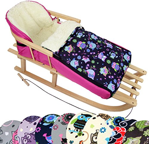 BAMBINIWELT KOMBI-ANGEBOT Holz-Schlitten mit Rückenlehne & Zugseil + universaler Winterfußsack (90cm), auch geeignet für Babyschale, Kinderwagen, Buggy, aus Wolle im Eulendesign (Eule §7)