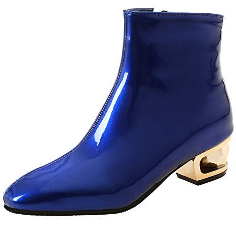LUXMAX Donna Stivali con Tacco Grosso Basso di Vernice Stivaletti con Cerniera (Blu) - 45 EU