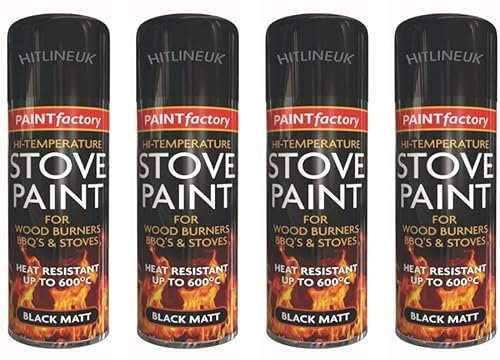 HitlineUK 4 x 400ml Heat Resistant Paint Black Stove Paint High Temperature Matt Spray