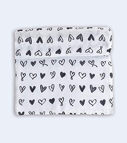 Ti TIN | Baby Musselin, 120x120 cm | Musselin Tuch mit Herzchen-Motiv, leichte und weiche Baumwollfaser, Mulltuch vielseitig einsetzbar, als Decke, Halstuch/Dreieckstuch, Spucktuch etc, Farbe:schwarz