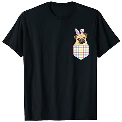 Osterhase in Tasche mit Mops-Motiv, kariert. T-Shirt