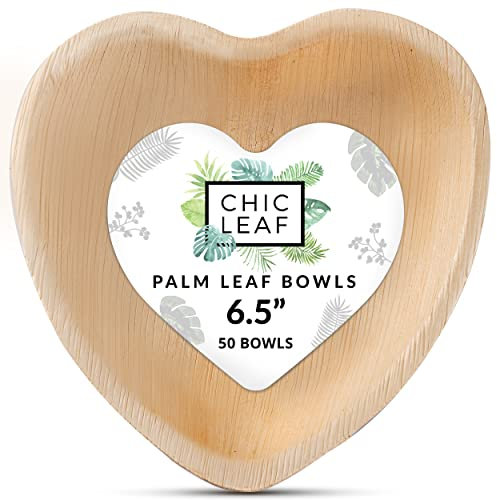 Chic Leaf Palm Leaf Bowls Disposable Bamboo Heart Shaped Bowls 6.5 Inch Dish (50 Pieces) - Compostable Plates - for Catering, Charcuterie, Parties